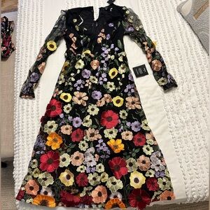 Blossom Black 3D Floral Embroidered Midi Dress